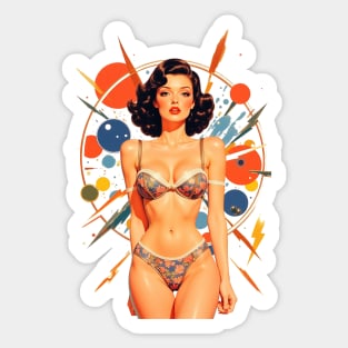 Vintage Vogue Icon Bold Orange and Blue Patterned Suit Mid-Century Elegance Portrait Sticker